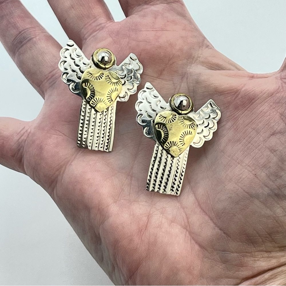 Silver Large Angel & Brass Heart Pierced Earrings | Folk Art Jewelry | Sterling
